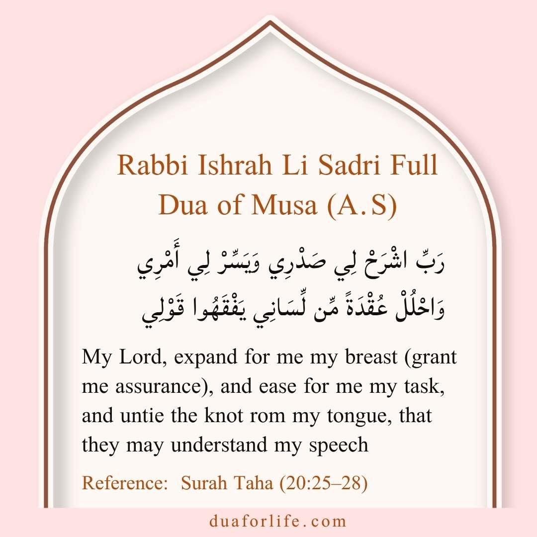 Rabbi Ishrah Li Sadri Full Dua in Arabic and English: Dua of Musa